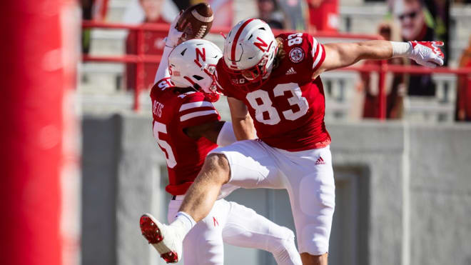 Zavier Betts celebrates his first career touchdown at Nebraska with tight end Travis Vokolek