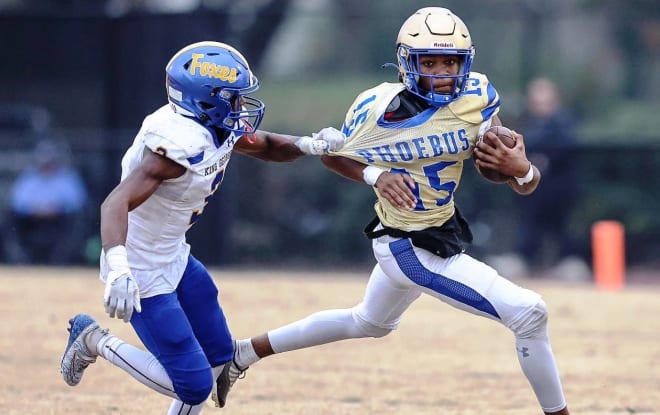 King George tries to bring down Phantoms freshman QB Maurikus Banks, who has directed them to playoff wins over Warhill and the Foxes as a starter for the injured Adonis Stowers to get Phoebus to its third consecutive State Championship game at Liberty University