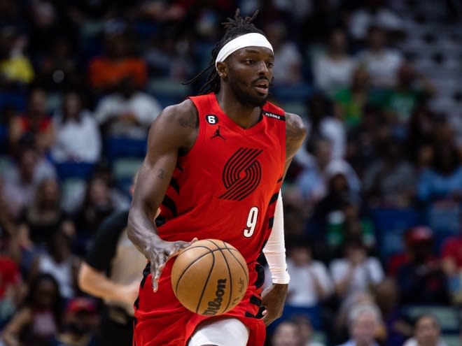 Mar 12, 2023; New Orleans, Louisiana, USA; Portland Trail Blazers forward Jerami Grant (9) brings the ball up court against the New Orleans Pelicans during the first half at Smoothie King Center. Mandatory Credit: Stephen Lew-USA TODAY Sports