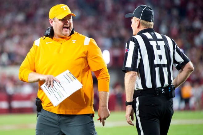 Tennessee Football Coach Josh Heupel yells at an official during a football game between the Tennessee Volunteers and the Alabama Crimson Tide at Bryant-Denny Stadium in Tuscaloosa, Ala. Photo | Brianna Paciorka/News Sentinel / USA TODAY NETWORK