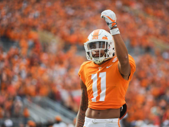 Tennessee wide receiver Jalin Hyatt (11) celebrates during a game between Tennessee and Alabama in Neyland Stadium, on Saturday, Oct. 15, 2022