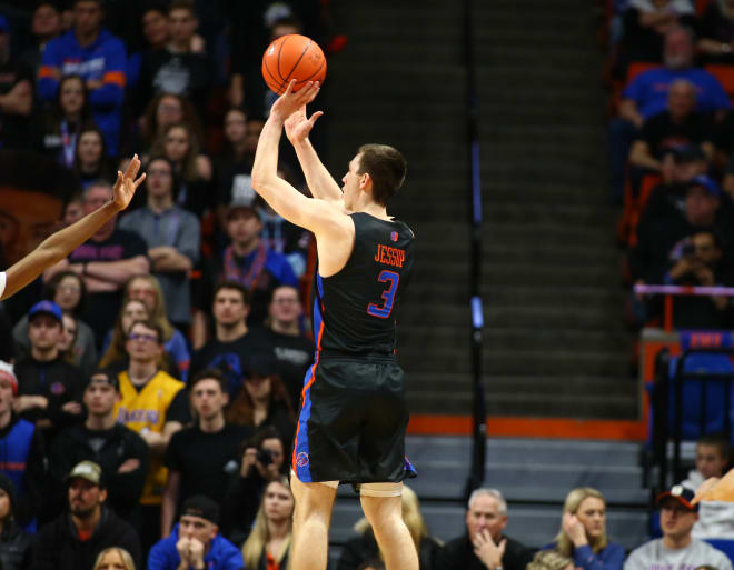 Feb 1, 2020; Boise, Idaho, USA; Boise State Broncos guard Justinian Jessup (3) shots a three point basket during the first half against the Nevada Wolf Pack at ExtraMile Arena. Jessup tied the Mountain West all time record for three point baskets with BYU Cougars Jimmer Fredette.