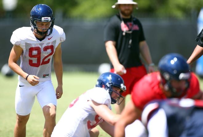 Ole Miss kicker Luke Logan (92) lines up for a kick during a recent practice. 