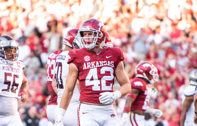 Arkansas linebacker Drew Sanders was selected by the Denver Broncos in the third round of the NFL Draft.
