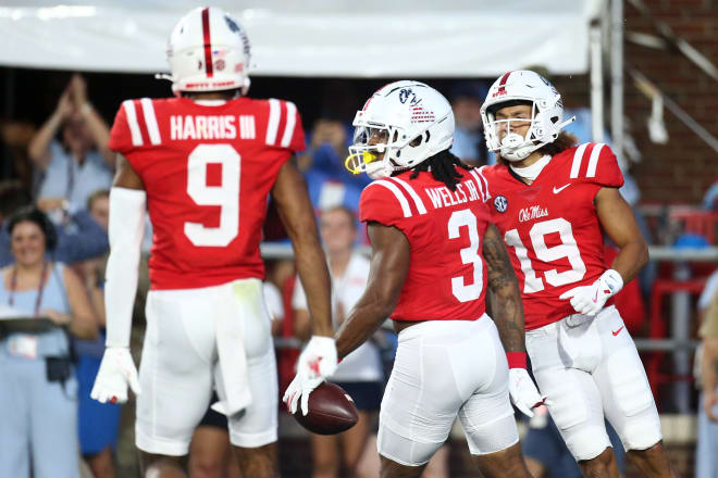 Ole Miss Rebels wide receivers Cayden Lee (19) and Antwane Wells Jr. (3) react after a touchdown during the first half against the Georgia Southern Eagles at Vaught-Hemingway Stadium. Mandatory Credit: Petre Thomas-Imagn Images