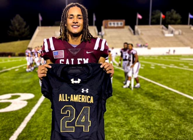 2024 four-star Tennessee running back commit Peyton Lewis shows off his 2024 Under Armour All-American jersey after being presented with the gear following his team’s win on Friday, Oct. 28, 2023, in Salem, Va. 