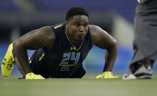 Jarron Jones works out at the NFL Combine in February in Indianapolis.