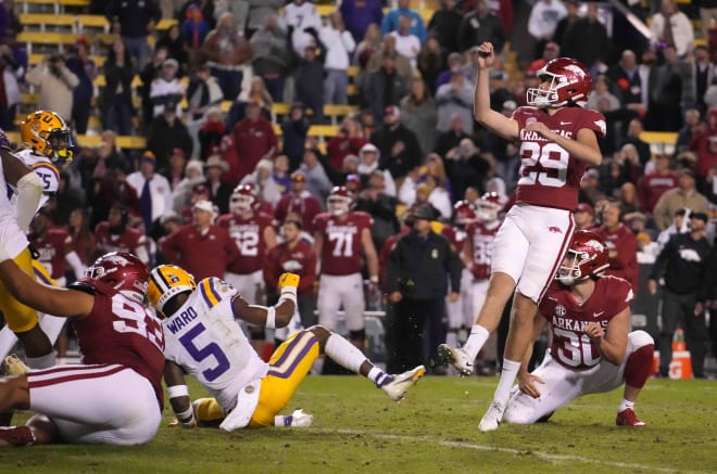 Arkansas placekicker Cam Little kicked three field goals in the Razorbacks' 16-13 overtime win over LSU in Tiger Stadium last season, including this 37-yard game-winner.