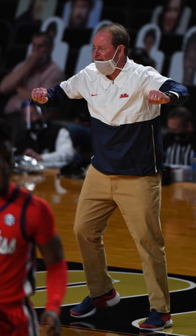 Ole Miss Rebels head coach Kermit Davis yells from the sidelines during the first half against the Vanderbilt Commodores at Memorial Gymnasium. Mandatory Credit: Christopher Hanewinckel-USA TODAY Sports