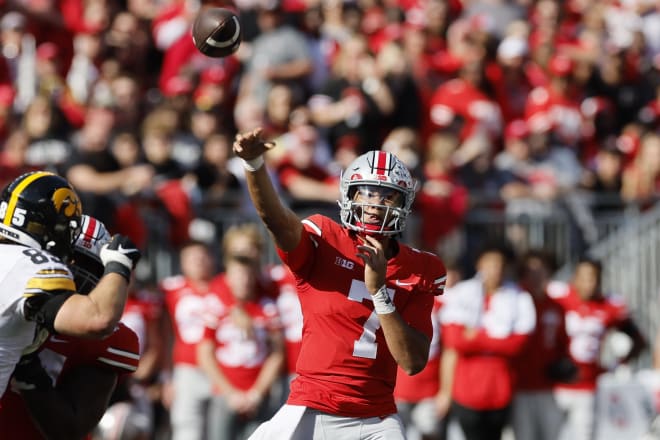 Ohio State's C.J. Stroud threw for 286 yards and four touchdowns in a 54-10 win over Iowa on Saturday. 