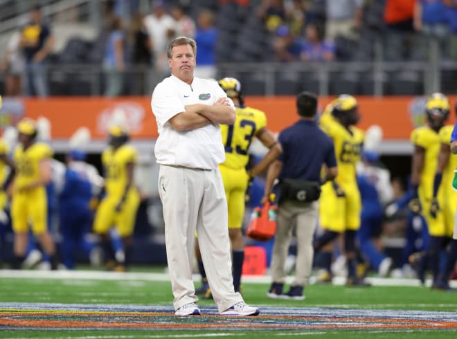 Sep 2, 2017; Arlington, TX, USA; Florida Gators head coach Jim McElwain on the field prior to the game against the Michigan Wolverines at AT&T Stadium. Mandatory Credit: Matthew Emmons-USA TODAY Sports