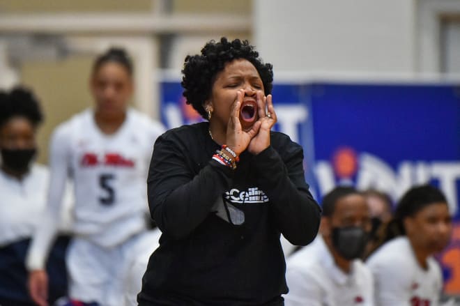 Ole Miss Rebels head coach Yolett McPhee-McCuin reacts during the first half against the Rice Owls at Collierville High School for the WNIT Championship.