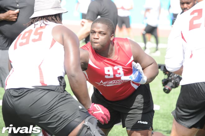 Terry Simmons works against OL Miada Jones at the Rivals Camp in Atlanta