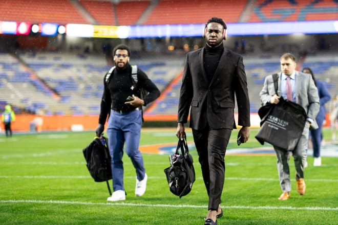 Former Florida Gators defensive end Princely Umanmielen (1) walks on the field during Gator Walk at Steve Spurrier Field at Ben Hill Griffin Stadium in Gainesville, FL on Saturday, November 25, 2023. [Matt Pendleton/Gainesville Sun]