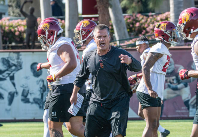 New USC defensive coordinator Todd Orlando makes his presence felt during the Trojans' lone spring practice back in March.