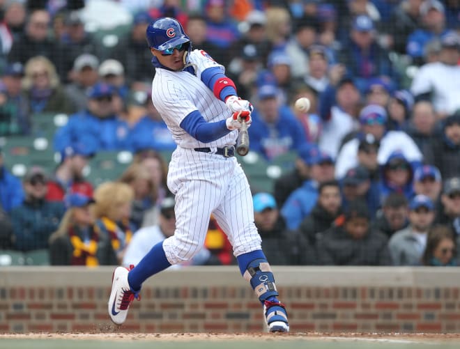 Chicago Cubs second baseman Javy Baez connects on a home run against Pittsburgh last week at Wrigley Field.