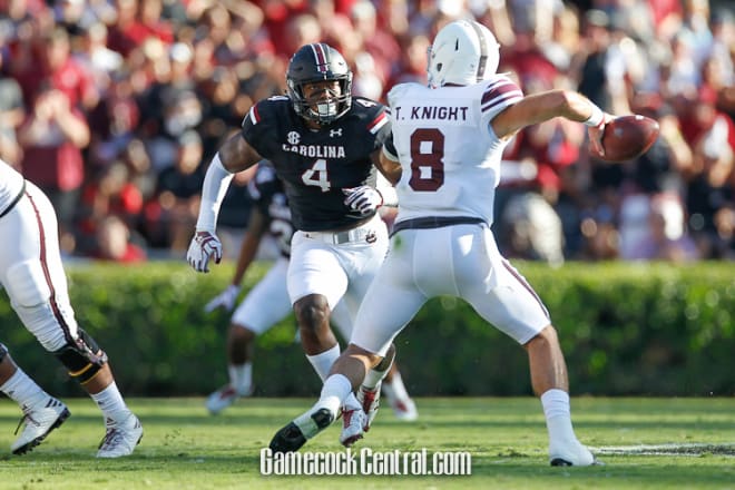 Bryson Allen-Williams takes aim at UMass' quarterback early in the season. Allen-Williams and the Gamecocks close out their home schedule Saturday against Western Carolina. Kickoff is at 4 p.m.