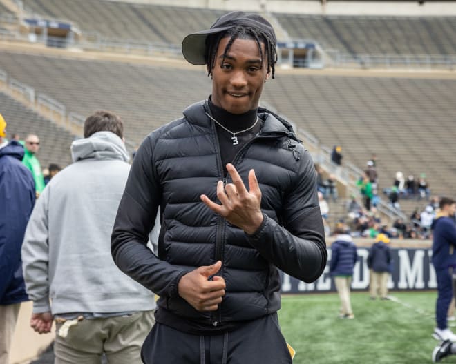 Notre Dame incoming freshman cornerback Karson Hobbs, here at the Blue-Gold Game on April 20 at Notre Dame Stadium, has put in the work on his own this spring back in Cincinnati.