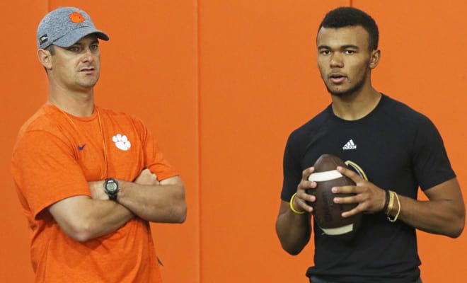 Blaylock is shown here with Clemson co-offensive coordinator Jeff Scott at this month's Dabo Swinney Camp.