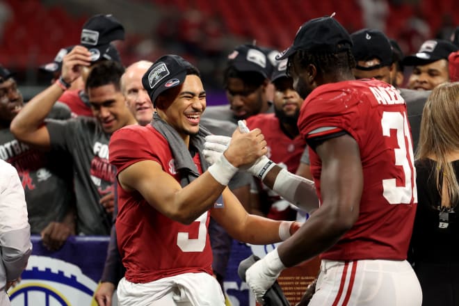 Alabama Crimson Tide quarterback Bryce Young (9) celebrates with linebacker Will Anderson Jr. (31) after their win during the SEC championship game after the Georgia Bulldogs at Mercedes-Benz Stadium. Photo | Jason Getz-USA TODAY Sports
