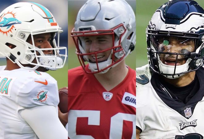 From left to right: Miami Dolphins quarterback Tua Tagovailoa, New England Patriots quarterback Mac Jones and Philadelphia Eagles quarterback Jalen Hurts. Photos | Getty Images and New England Patriots Instagram