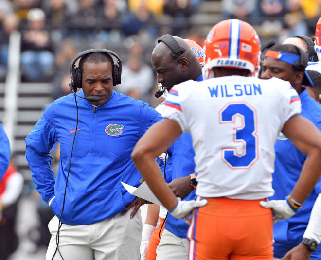 Nov 4, 2017; Columbia, MO, USA; Florida Gators head coach Randy Shannon consults with coaches on the sidelines during the first half against the Missouri Tigers at Faurot Field.
