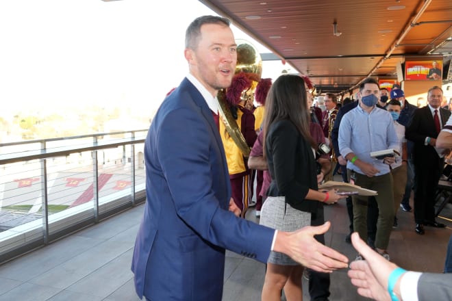 New USC coach Lincoln Riley greets people during his Trojans introduction Monday at the Coliseum.