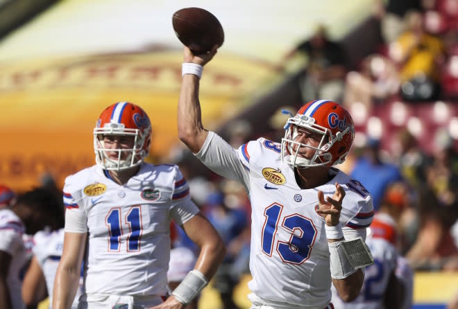 Redshirt freshmen quarterbacks Kyle Trask (11) and Feleipe Franks (13)