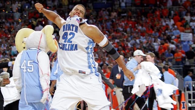 Sean May celebrates after closing his career with an amazing run, national title, and rebirth of UNC's hoops superiority.