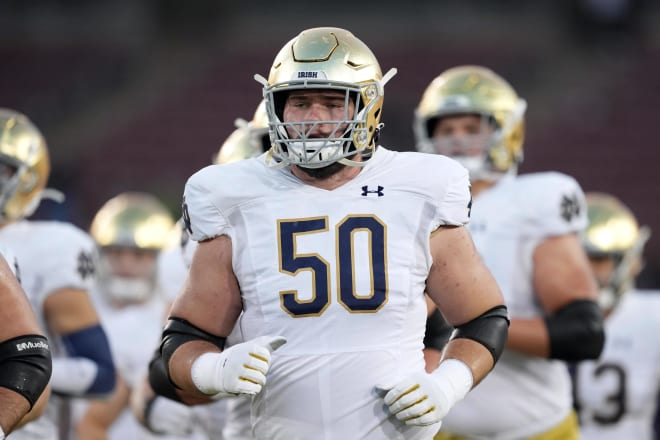 Junior offensive guard Rocco Spindler (50) has played just 19 offensive snaps in two years at ND.