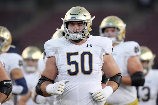 Notre Dame sophomore offensive guard Rocco Spinlder (50) has impressed this spring.