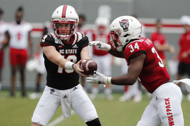 NC State Wolfpack football quarterback Devin Leary and running back Delbert Mimms 
