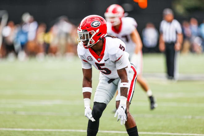 Georgia defensive back Kelee Ringo (5) during the Bulldogs’ game against Vanderbilt at Vanderbilt Stadium in Nashville, Tenn., on Saturday, Sept. 25, 2021. (Photo by Tony Walsh/UGA Sports Communications)