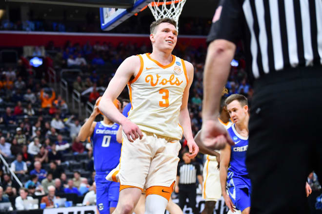 Tennessee guard Dalton Knecht (3) smiles on the court during a NCAA Tournament Sweet 16 game between Tennessee and Creighton held at Little Caesars Arena in Detroit on Friday, March 29, 2024.
