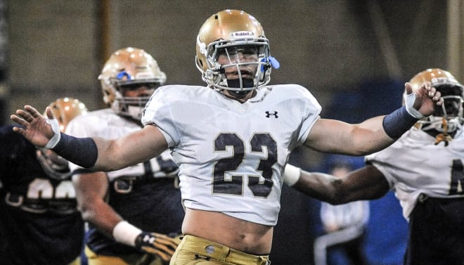 Senior safety Drue Tranquill is working at Notre Dame's rover position this spring.