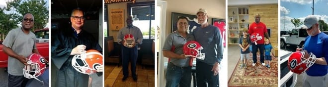A handful of former Georgia football notables taking part in the signing of the helmets (L to R): Lindsay Scott, Kevin Butler, Clarence Pope, Ray Goff (with Rodgers), Kregg Lumpkin, and Rex Robinson.