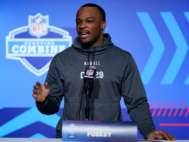 Former Notre Dame defensive end Isaiah Foskey spoke to reporters Wednesday ahead of his NFL Combine workout Thursday in Indianapolis.