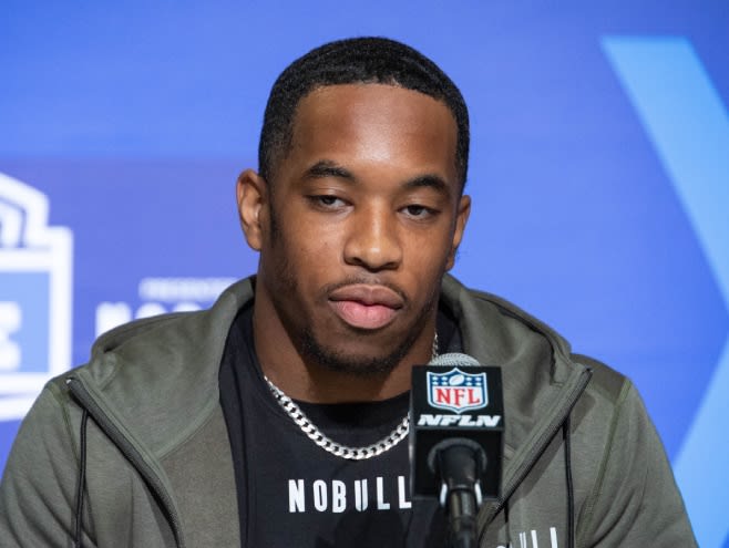 Mar 4, 2023; Indianapolis, IN, USA; Syracuse running back Sean Tucker (RB26) speaks to the press at the NFL Combine at Lucas Oil Stadium. Mandatory Credit: Trevor Ruszkowski-USA TODAY Sports