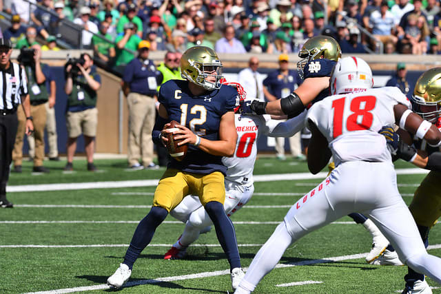Notre Dame fifth-year senior quarterback Ian Book versus New Mexico in 2019
