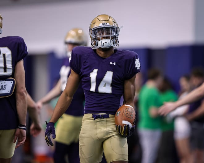 Notre Dame freshman wide receiver Braylon James (14) has impressed during the early Irish spring practices.