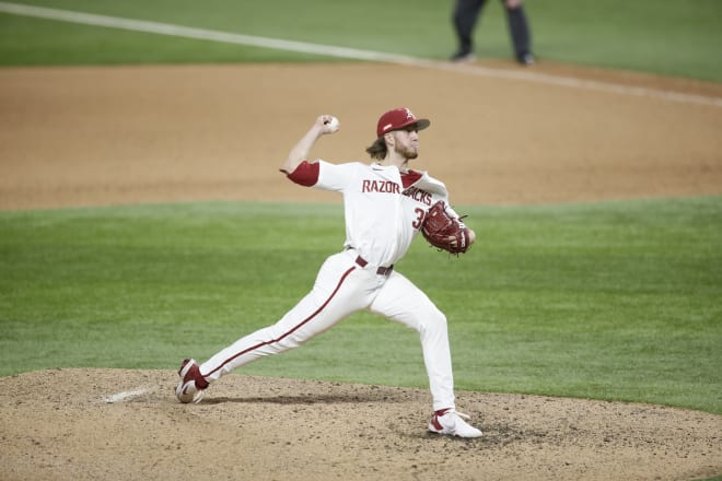 Caleb Bolden earned a four-inning save in Arkansas' win over Texas on Sunday.