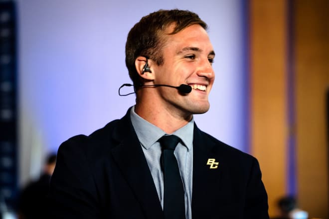 Phil Jurkovec speaking with the ACC Network "Huddle' crew during Wednesday's portion of ACC Kickoff (Photo courtesy of BC Football).