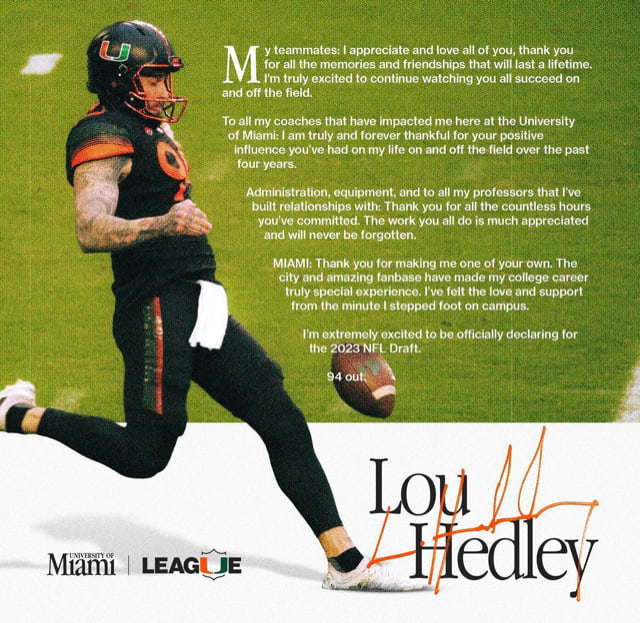 Miami Punter Lou Hedley Declares For NFL Draft CanesCounty