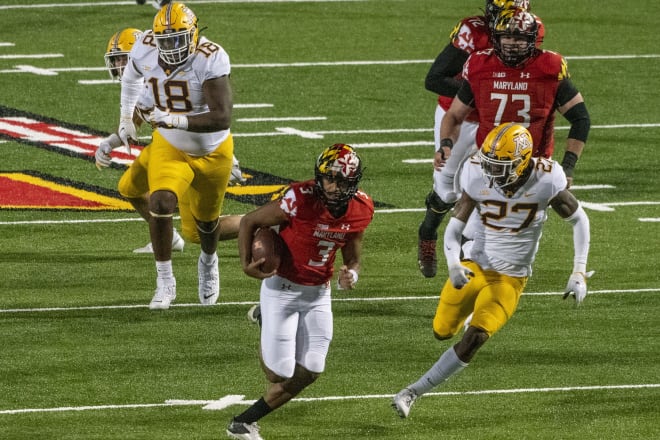 Maryland quarterback Taulia Tagovailoa (No. 3) rushes the ball during last year's overtime win over Minnesota.