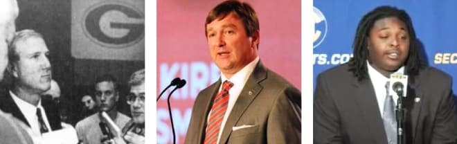 Including from Ray Goff in the early 1990s (left), Jeff Owens in 2008 (right), and Kirby Smart last year (center), the Bulldogs have certainly had their fair share of notable quotes from past SEC Media Days.