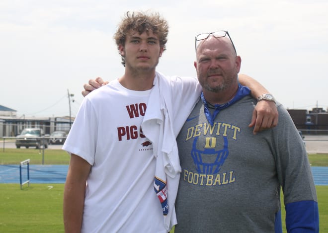 DeWitt head coach Mark Courtney and tight end Dax Courtney.