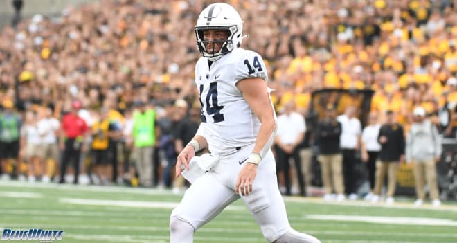 Penn State quarterback Sean Clifford celebrates on the field during the Nittany Lions' eventual 23-20 loss at Iowa. BWI photo/Steve Manuel