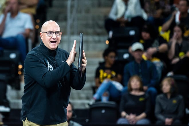 Purdue head coach Dave Shondell calls out instructions during a NCAA Big Ten Conference volleyball match against Iowa, Sunday, Sept. 25, 2022, at Xtream Arena in Coralville, Iowa.