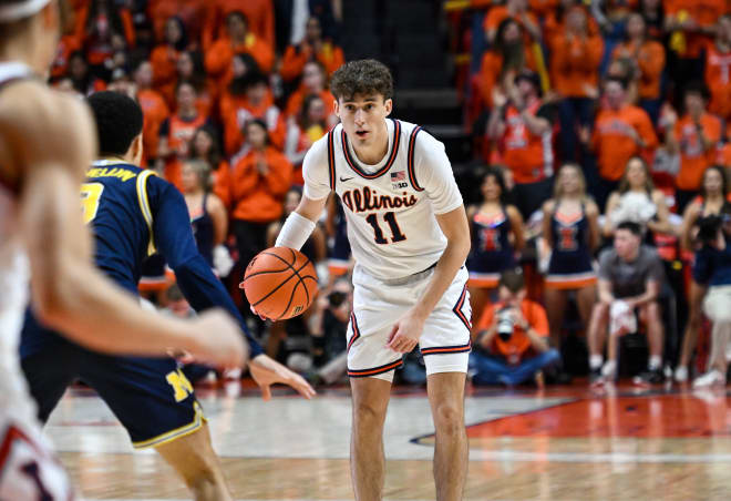 Illinois guard Niccolo Moretti (11) during a college basketball game between the Michigan Wolverines and the Illinois Fighting Illini on February 13, 2024 at the State Farm Center in Champaign, IL.