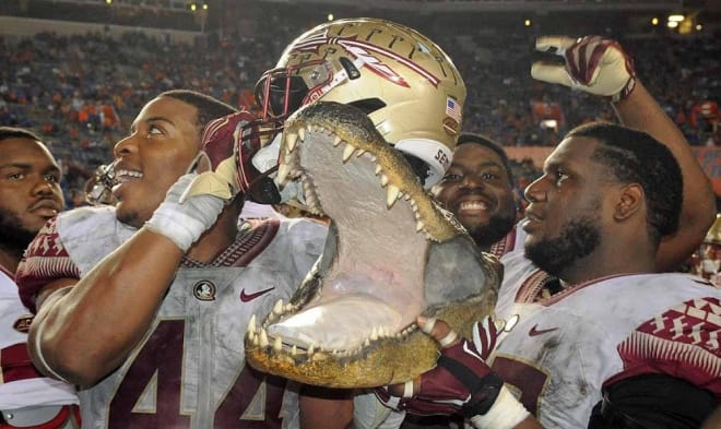 As is tradition following a Florida State victory in Gainesville, FSU's players celebrate with their trophy Gator head following the 2015 game.